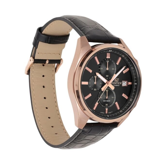 Montre Chronographe Homme - Casio Edifice - Boîtier or rose, Cadran Noir, Bracelet Cuir - Style élégant - Référence EFV-610ECL-1A
