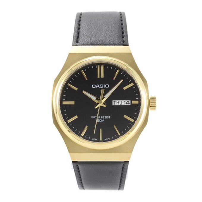 Montre analogique homme - Casio Standard - Quartz, cadran noir, bracelet cuir, étanche, design classique - Matière cuir - Couleur noir - Réf. MTP-E735GL-1AV