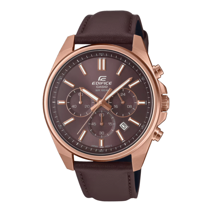 Montre Classique Homme EFV-650CL-5AVUDF - Casio - Chronomètre, Étanchéité 100m, Bracelet cuir véritable, Boîtier acier inoxydable - Plaqué or rose - Ref. EFV-650CL-5AVUDF