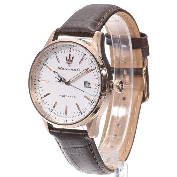 Montre Homme Maserati Sorpasso – R8851124002 – Bracelet en Cuir Véritable – Boîtier en Acier Inoxydable Or Rose – Cadran Argent Sunray – Résistante à l'Eau 10 ATM – 42 mm – Boucle Ardillon – Mouvement Analogique – Emballage d'Origine Maserati