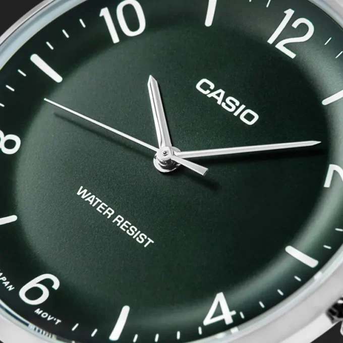 Montre Analogique Casio Pour Femme, Minimaliste, Bracelet en Acier, Cadran Vert Concave, 3 Aiguilles - MTP-VT03D-3BDF