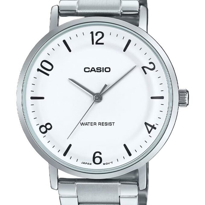 Montre Analogique Casio Pour Homme, Minimaliste, Bracelet en Acier, Cadran Blanc Concave, 3 Aiguilles - MTP-VT03D-7BDF