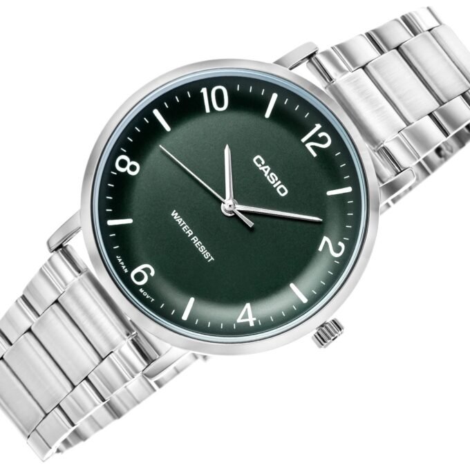 Montre Analogique Casio Pour Femme, Minimaliste, Bracelet en Acier, Cadran Vert Concave, 3 Aiguilles - MTP-VT03D-3BDF