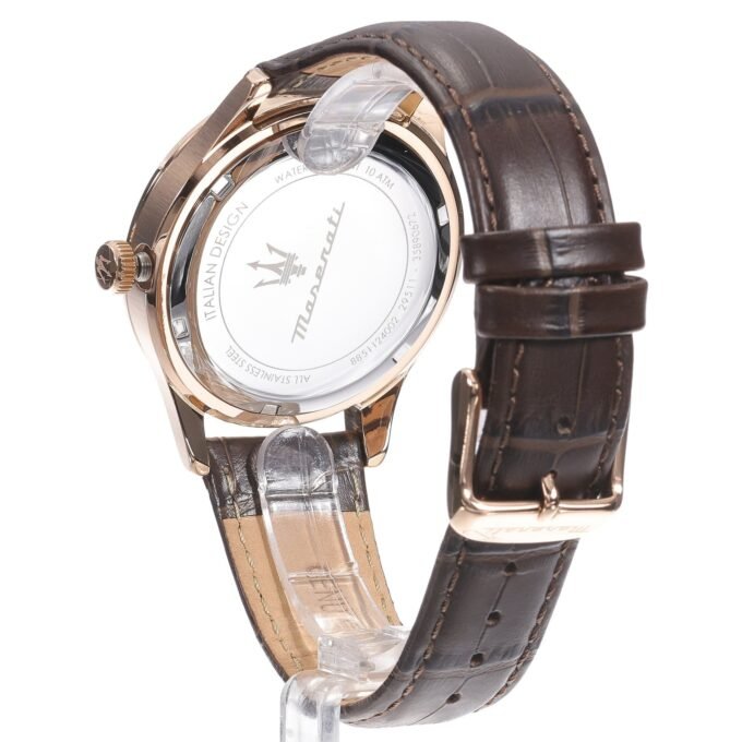 Montre Homme Maserati Sorpasso – R8851124002 – Bracelet en Cuir Véritable – Boîtier en Acier Inoxydable Or Rose – Cadran Argent Sunray – Résistante à l'Eau 10 ATM – 42 mm – Boucle Ardillon – Mouvement Analogique – Emballage d'Origine Maserati