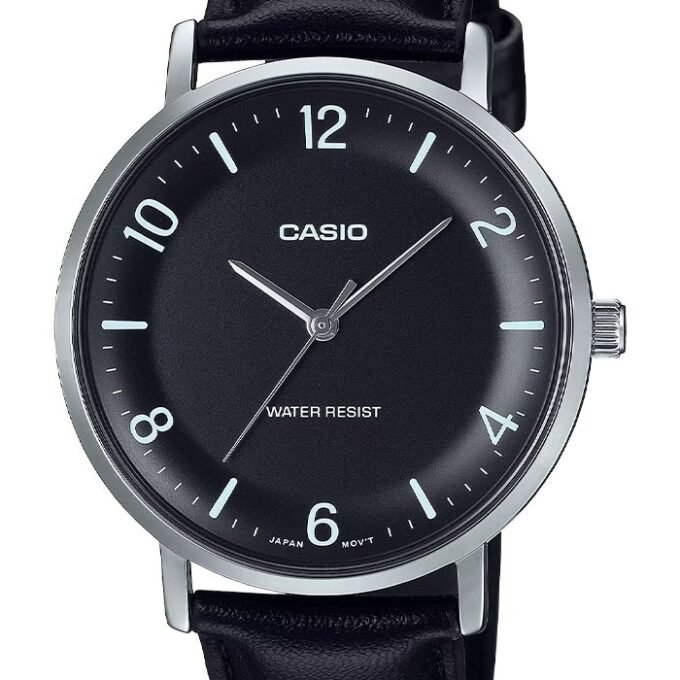 Montre Analogique Casio Pour Homme, Bracelet en Cuir Noir Minimaliste, Cadran Noir Concave, 3 Aiguilles - MTP-VT03L-1BDF