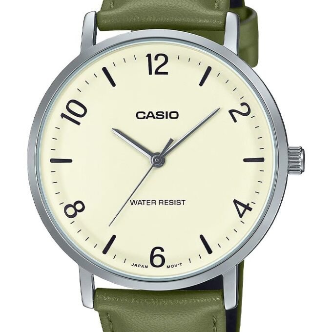 Montre analogique Casio Pour Homme, Minimaliste, Bracelet en Cuir Vert, Cadran Beige Concave, 3 Aiguilles - MTP-VT03L-7BDF