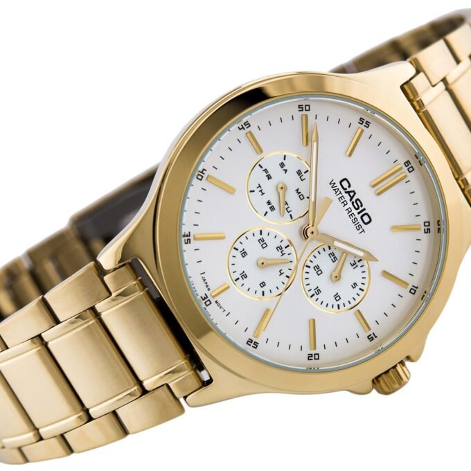 Montre CASIO Femme - Bracelet DoRée En Acier Inoxydable - Cadran Blanc - 12 Mois De Garantie - LTP-V300G-7AUDF