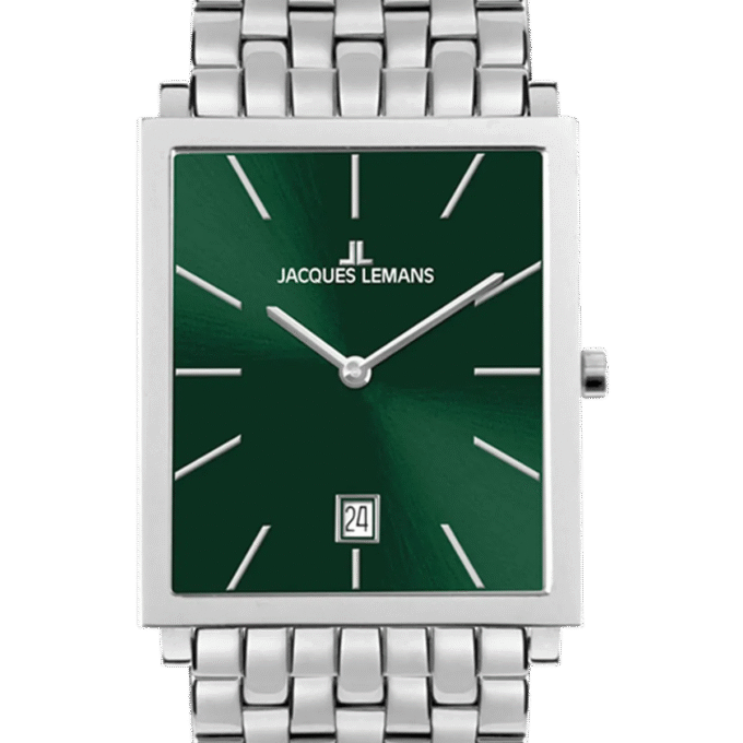 Montre-bracelet Jacques Lemans pour homme – Mouvement quartz, affichage date, cadran vert soleillé, boîtier acier inoxydable 316L, verre saphir, bracelet intégré, résistant à l’eau 5 bars, ref. 1-2173I