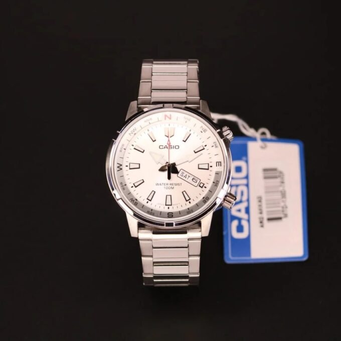 Montre Classique Homme - Casio - Quartz, Acier Inoxydable, Étanche 100m, Affichage Jour/Date, Aiguilles Lumineuses - Argenté - MTD-130D-7AVDF