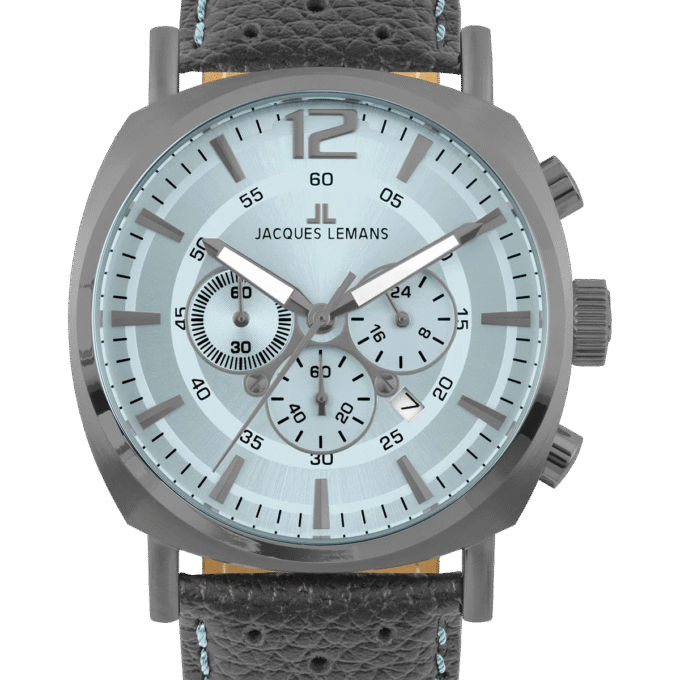 Montre Homme Jacques Lemans Collection Lugano 1-1645 - Chronographe Acier Inoxydable Massif - Diamètre 46 mm - Affichage Analogique Index - Bracelet en Cuir Gris/Bleu Surpiqûres - Mouvement TMI VD53C 14 - Etanche jusqu'à 10 ATM - 1-1645S
