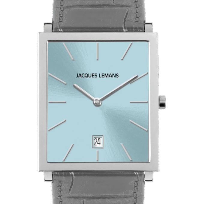 Montre Femme Jacques Lemans, Acier Brossé/Poli, Cadran Bleu, Bracelet Cuir Gris Crocodile, Verre Saphir, Rectangulaire 30 mm, 1-2173D