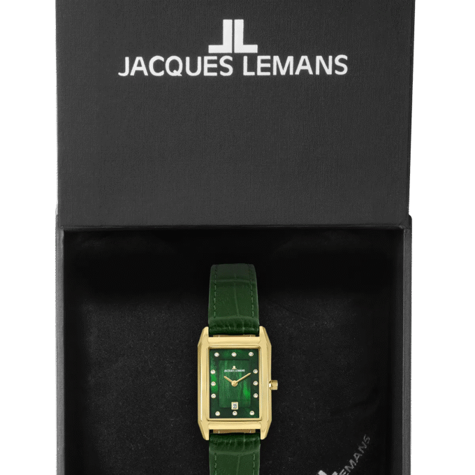 Montre Jacques Lemans 1-2189F - Élégante Montre Rectangulaire en Acier Inoxydable Or Rose avec Cadran Vert et Bracelet en Cuir - Verre Saphir