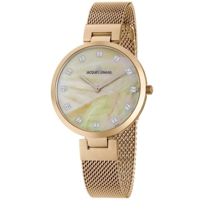 Montre femme Jacques Lemans 1-2001D Quartz acier inoxydable or, cadran perle, bracelet maille, étanche 50m, 36mm, garantie 2 ans, EAN 4040662135982