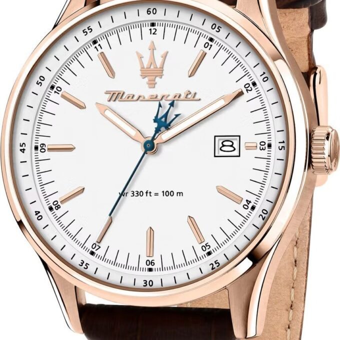 Montre Homme Maserati Sorpasso – R8851124002 – Bracelet en Cuir Véritable – Boîtier en Acier Inoxydable Or Rose – Cadran Argent Sunray – Résistante à l'Eau 10 ATM – 42 mm – Boucle Ardillon – Mouvement Analogique – Emballage d'Origine Maserati