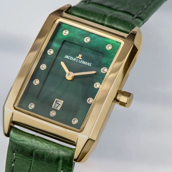 Montre Jacques Lemans 1-2189F - Élégante Montre Rectangulaire en Acier Inoxydable Or Rose avec Cadran Vert et Bracelet en Cuir - Verre Saphir