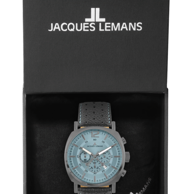 Montre Homme Jacques Lemans Collection Lugano 1-1645 - Chronographe Acier Inoxydable Massif - Diamètre 46 mm - Affichage Analogique Index - Bracelet en Cuir Gris/Bleu Surpiqûres - Mouvement TMI VD53C 14 - Etanche jusqu'à 10 ATM - 1-1645S