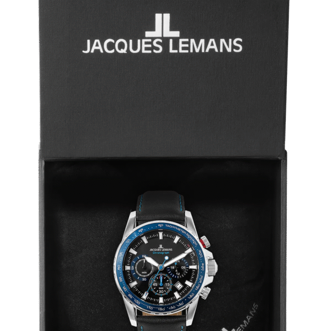Montre Homme Jacques Lemans - 1-2099B.1 - Chronographe - Bracelet en cuir véritable noir - Résistant à l'eau