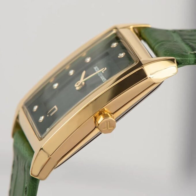Montre Jacques Lemans 1-2189F - Élégante Montre Rectangulaire en Acier Inoxydable Or Rose avec Cadran Vert et Bracelet en Cuir - Verre Saphir
