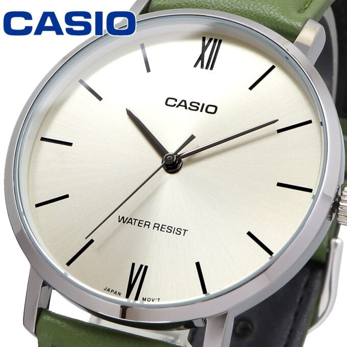 Montre CASIO Homme - MTP-VT01L-3BUDF - Bracelet Vert En Cuir Véritable - Cadran Gris - Résistante à l'eau - 12 Mois De Garantie