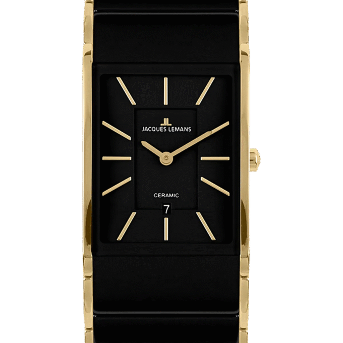 Montre Homme Jacques Lemans Dublin 1-1939E – Quartz, Boîtier Rectangulaire Doré 28 mm, Cadran Noir, Verre Saphir, Bracelet Acier & Céramique Or/Noir, Étanche 50 Mètres