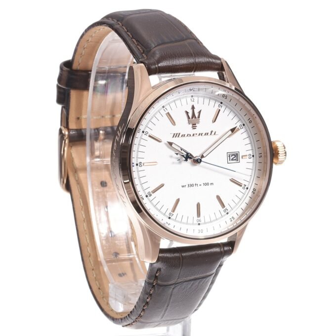 Montre Homme Maserati Sorpasso – R8851124002 – Bracelet en Cuir Véritable – Boîtier en Acier Inoxydable Or Rose – Cadran Argent Sunray – Résistante à l'Eau 10 ATM – 42 mm – Boucle Ardillon – Mouvement Analogique – Emballage d'Origine Maserati