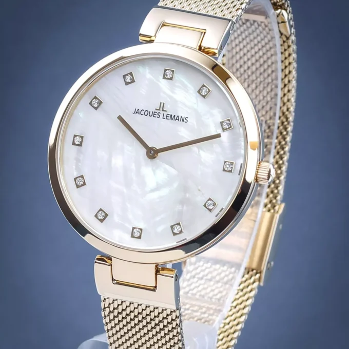Montre femme Jacques Lemans 1-2001D Quartz acier inoxydable or, cadran perle, bracelet maille, étanche 50m, 36mm, garantie 2 ans, EAN 4040662135982