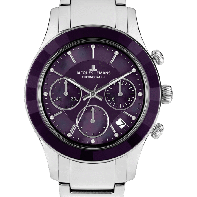 Montre Femme Jacques Lemans - Venise - Habillée, Sport, Chronographe, Quartz, Acier Brossé et Poli, Cadran Nacre Violette Cristaux, Boucle Déployante Acier, Verre Minéral, Étanche 50 Mètre - 1-2151M