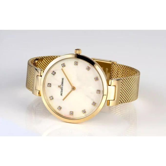 Montre femme Jacques Lemans 1-2001D Quartz acier inoxydable or, cadran perle, bracelet maille, étanche 50m, 36mm, garantie 2 ans, EAN 4040662135982