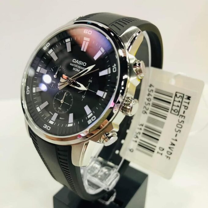 Montre Homme Casio MTP-E505-1AVDF - Chronographe, Résistante à leau 50m, Bracelet résine noir, Style classique, Référence MTP-E505-1AVDF