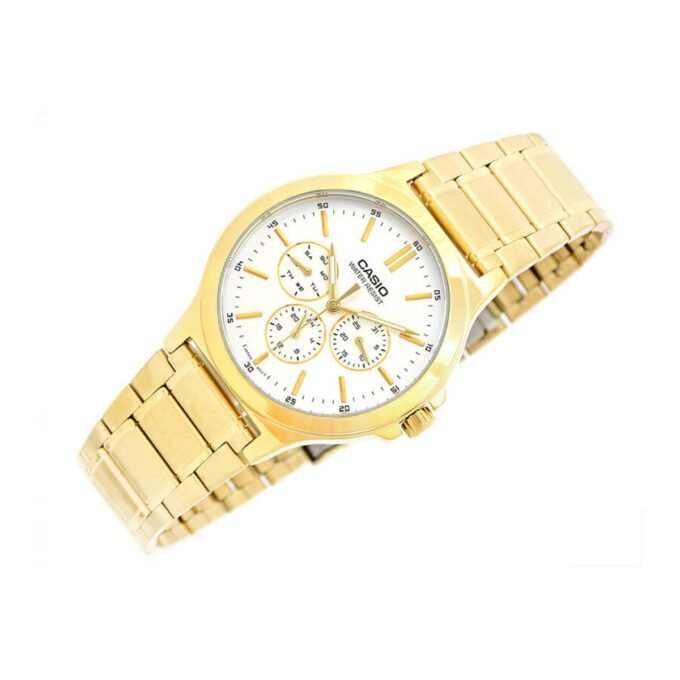 Montre CASIO Femme - Bracelet DoRée En Acier Inoxydable - Cadran Blanc - 12 Mois De Garantie - LTP-V300G-7AUDF