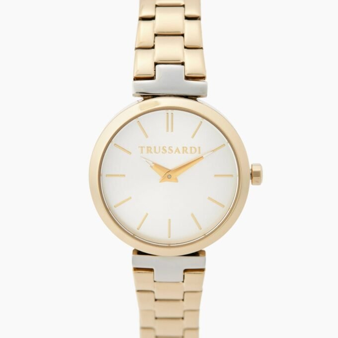 montre femme trussardi loud acier inoxydable, cadran rond blanc 30mm, bracelet bi couleur doré, résistante 50 mètres r2453164507