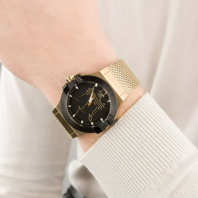 Montre Homme Maserati Potenza Quartz Cadran - Noir - R8853108006 - Bracelet en acier inoxydable doré - Résistant à l'eau