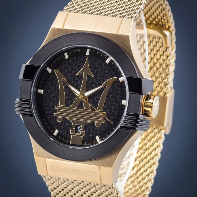 Montre Homme Maserati Potenza Quartz Cadran - Noir - R8853108006 - Bracelet en acier inoxydable doré - Résistant à l'eau