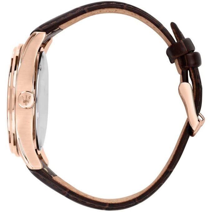 Montre Homme Maserati Sorpasso – R8851124002 – Bracelet en Cuir Véritable – Boîtier en Acier Inoxydable Or Rose – Cadran Argent Sunray – Résistante à l'Eau 10 ATM – 42 mm – Boucle Ardillon – Mouvement Analogique – Emballage d'Origine Maserati