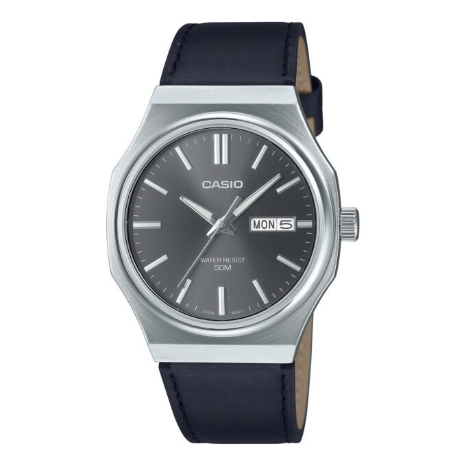 Montre Homme CASIO MTP-E735L-8AVDF – cadran gris foncé, bracelet cuir, style élégant, affichage analogique – cuir – gris foncé – MTP-E735L-8AVDF