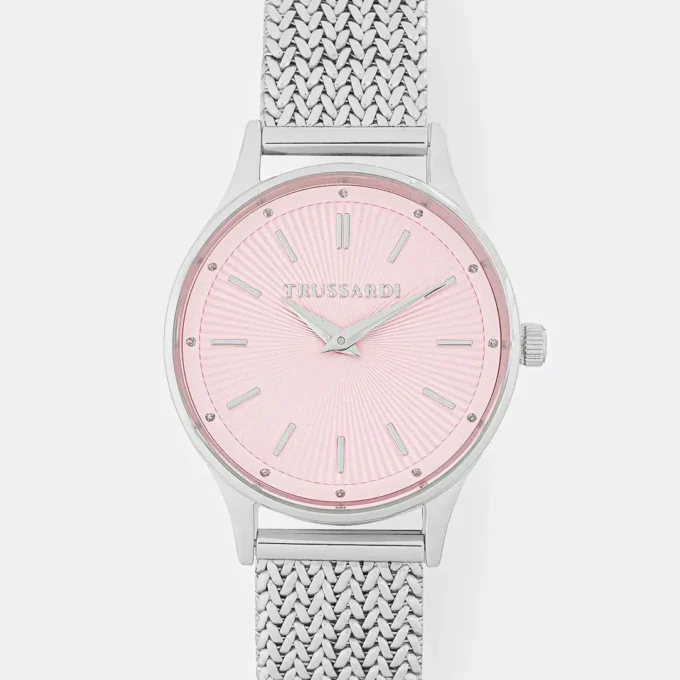 montre femme trussardi acier inoxydable, bracelet métal argent, Étanche, Élégante bracelet argent, cadran rose référence r2453152514