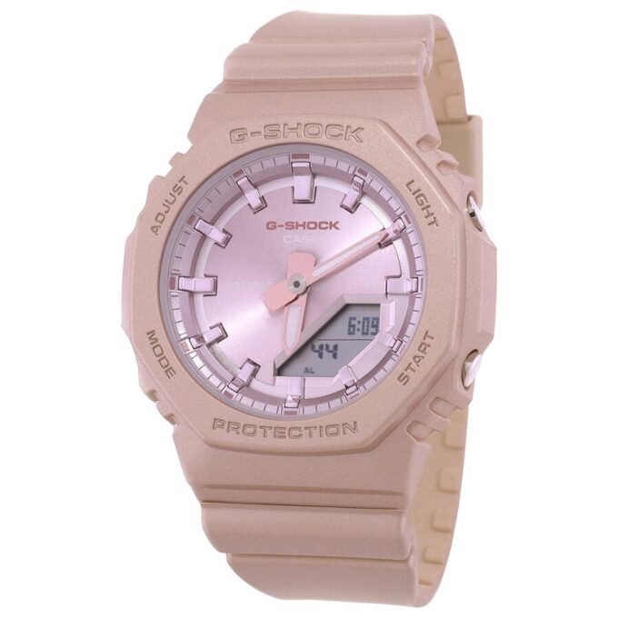Montre Classique - Casio G-Shock Femme - Résistante aux Chocs, Étanche 200M, Double LED, Design Rose Nacré - Résine Biosourcée - GMA-P2100ST-4ADR