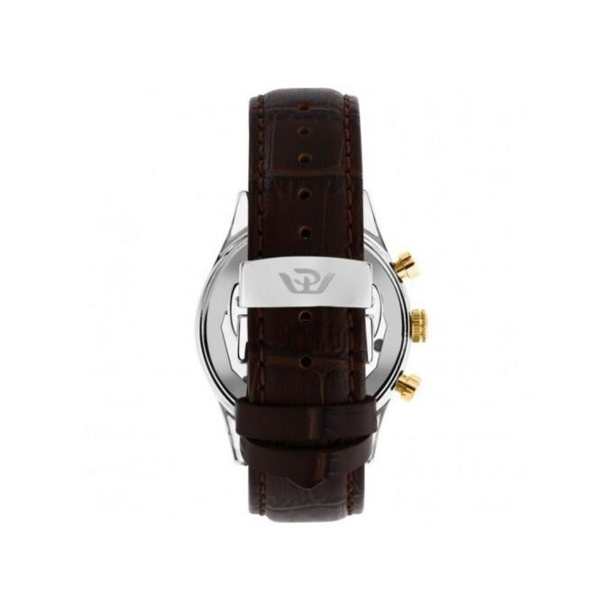 Montre Homme Sunray RONDA 5040D chronographe 1/10s, date, acier inoxydable 39mm, boutons dorés, cadran blanc vintage, bracelet cuir marron crocodile, étanche 30m, coffret boutons de manchette, R8271908011