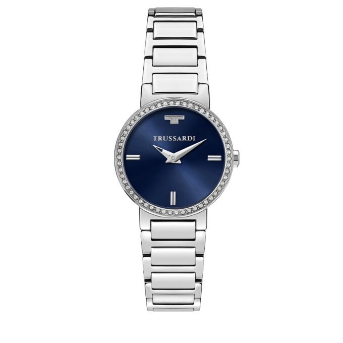 montre femme trussardi t bridge – acier poli, boîtier 28 mm, bracelet argent, verre minéral, etanchéité 5 atm, boucle déployante – garantie 2 ans – r2453171502