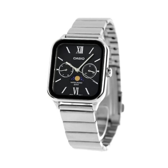 montre homme casio mtp m305d 1avdf – phase de lune, date, jour, acier inoxydable, bracelet acier, verre minéral, 50m étanche