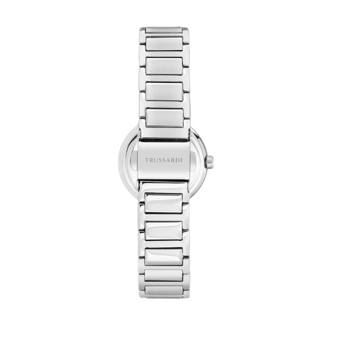 Montre Femme Trussardi T-Bridge – Acier Poli, Boîtier 28 mm, Bracelet Argent, Verre Minéral, Etanchéité 5 atm, Boucle Déployante – Garantie 2 ans – R2453171502