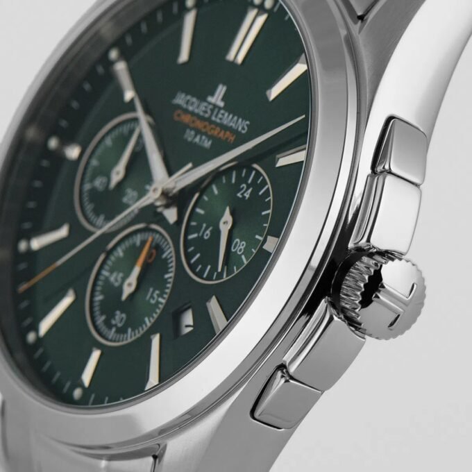 montre chronographe homme jacques lemans derby 1 1945.1f – quartz, acier inoxydable, cadran vert, bracelet argent, étanche 10 bar, verre minéral, date – garantie 2 ans