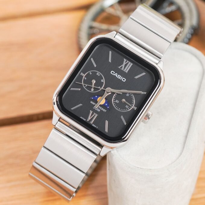 Montre homme Casio – Phases de lune, acier inoxydable, affichage analogique, étanche – Argenté – MTP-M305D-1A2V