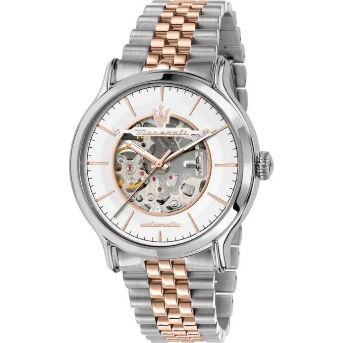 montre homme maserati epoca automatique – r8823118011 – bracelet bicolor en acier inoxydable – revêtement en cristal de saphir resistance a l’eau 10 atm