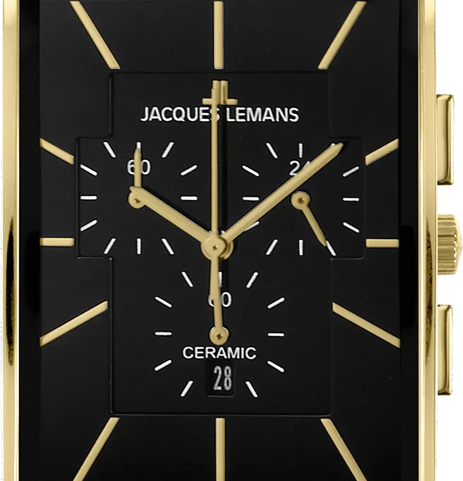 Montre Homme Jacques Lemans Chronographe Quartz, Verre Saphir, Bracelet Céramique et Acier, Boîtier Or et Acier, Cadran Noir, 50m Étanche, Ref 1-1900C