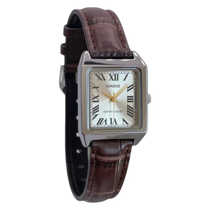 Montre Casio Femme - Bracelet Marron En Cuir Véritable - Cadran Jaune - 12 Mois De Garantie - Ltp-V007L-9Budf