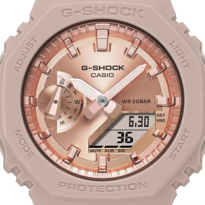 Montre Analogique-Digitale - G-Shock - Femme - Résistante aux Chocs, Étanche 20 ATM, Design Octogonal, Éclairage LED - Résine Renforcée Carbone - Rose Doré - GMA-S2100MD-4ADR