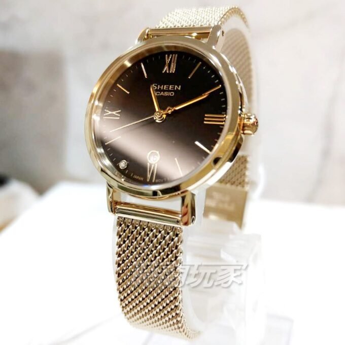 Montre élégante Femme - Casio Sheen - Acier, Calendrier, Verre Saphir, Étanche 50m - Bracelet Maille Doré - Boîtier Doré - 41-45mm - SHE-4540GM-1AUDF