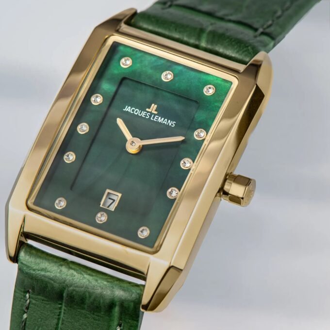 Montre Jacques Lemans 1-2189F - Élégante Montre Rectangulaire en Acier Inoxydable Or Rose avec Cadran Vert et Bracelet en Cuir - Verre Saphir