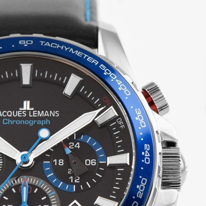 Montre Homme Jacques Lemans - 1-2099B.1 - Chronographe - Bracelet en cuir véritable noir - Résistant à l'eau